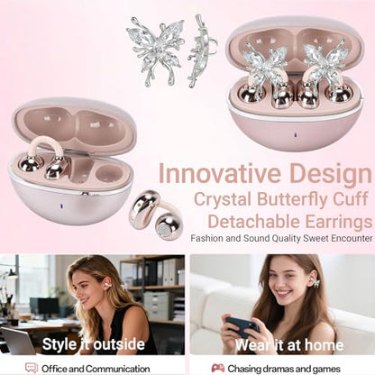 2026 New Jewelry-Inspired Clip-On Earbuds with Detachable Sparkle Butterfly Earrings, Bluetooth 6.0, Cute Wireless Headphones for Women, 50H Playtime, Low Latency, Sports & Workouts (Rose Gold) - color: Rose Gold