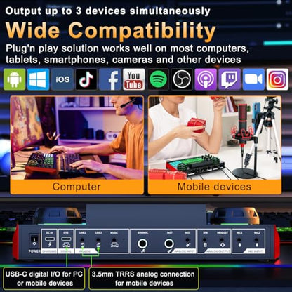Tenlamp G9 Live Sound Card — Game audio mixer with built-in audio interface, compatible with smartphones and computers. Soundboard designed for live streaming and content creation.
