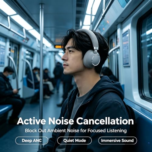 Active Noise Cancelling Headphones, Bluetooth 5.3 Over Ear Wireless Headphones with 40mm HiFi Drivers, CVC8.0 Mic, 50H Playtime, Protein Leather Comfort Earpads for Travel, Office and Commute - color: Grey