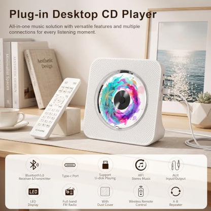 Gueray Portable CD Player with Bluetooth for Home, Hi-Fi Speaker,FM Radio | Plug-in desktop use,2-way Bluetooth mode, 3W speakers,Remote control,sleep timer, A-B repeat,USB/AUX,headphone jack - color: White