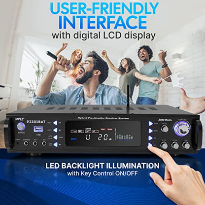 Pyle Bluetooth Home Stereo Amplifier - Hybrid Multi-Channel 3000 Watt Power Amplifier Home Audio Receiver System w/ AM/FM Radio, MP3/USB,AUX,RCA Karaoke Mic in - Rack Mount, Remote - P3301BAT