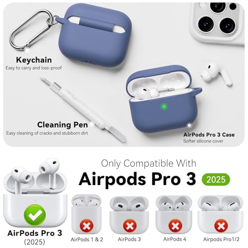 for AirPods Pro 3 Case 2025,Come with Cleaner Kit,Lavender | Silicone Protective Cover for Airpod Pro 3rd Generation Case with Keychain,for Women Men,One-Piece Design,Shockproof - color: Lavender