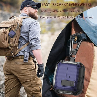 Compatible with Samsung Galaxy Buds 3 Pro Case/Bud3 Cover Lock Clip with Phone Stand for Men, Military Shell Galaxy Buds Pro 3/ Bud 3 Protective Armor Skin with with Cleaner Kit & Carabiner - color: ABlack/Blue