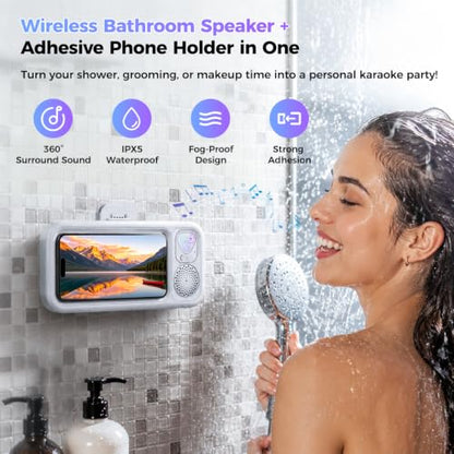 Waterproof Shower Bluetooth Speaker with Phone Holder, IPX5 Splash-Proof Wireless Bathroom Speaker for iPhone & Android, Touch Screen Shower Caddy with Strong Adhesive Hook