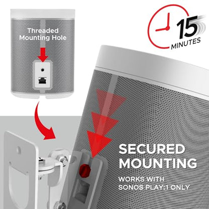 Sound Bass Play 1 Wall Mount, White, Single (1pc) Adjustable Tilt & Swivel | Compatible with Sonos Play:1 Only, Adjustable Swivel & Tilt Mechanism,Includes All Mounting Fixings - color: White