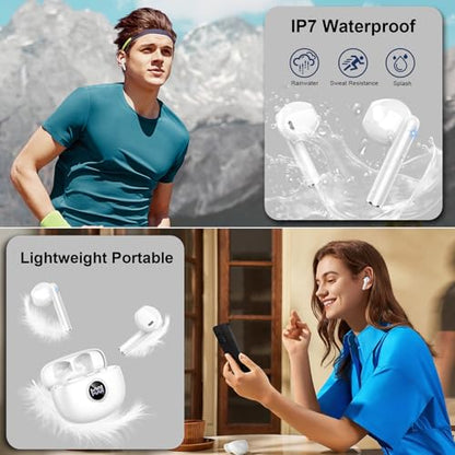 Wireless Earbuds, Bluetooth Headphones, Stereo Bass Ear Buds with ENC Noise Cancelling Mics, Bluetooth Earbuds with LED Display Charging Case, IP7 Waterproof Earphones for Android iOS/Light white - color: light white