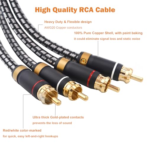 2 RCA to 2 RCA Audio Cable Silvered-Plated OFC Core 24K Gold-Plated Pure Copper Shell Braided for Home Theater HDTV Amplifiers Hi-Fi Systems Speakers and More (6.5FT/2m) - size: 6.5 ft