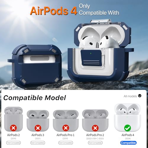 for AirPods 4 Case with Lock Magnetic Lid MagSafe, Blue | Compatible with Apple AirPods 4th Generation Protective Case with Cleaner Kit & Carabiner, Powerful Drop Protection - color: TW-Blue, size: Airpods 4th Generation