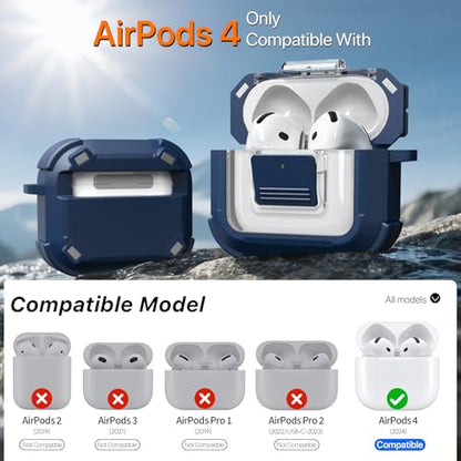 for AirPods 4 Case with Lock Magnetic Lid MagSafe, Blue | Compatible with Apple AirPods 4th Generation Protective Case with Cleaner Kit & Carabiner, Powerful Drop Protection - color: TW-Blue, size: Airpods 4th Generation