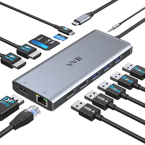 USB C Laptop Docking Station Dual Monitor HDMI Type C Hub Multiport Adapter | USB C Dongle Dock 14 in 1 USB C to 2 HDMI 4K+DisplayPort+Ethernet+4USB+2USB C+100W PD Charger+SD/TF for Dell/Lenovo/HP Laptop - size: 5 inches