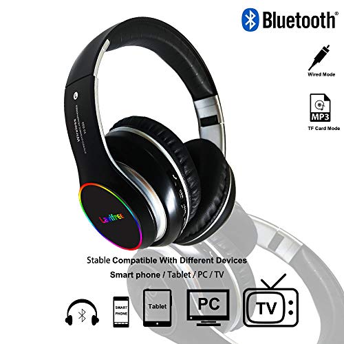 Bluetooth Headphones,Wireless/Wired Over Ear Headset,Hi-Fi Bass Stereo, Built-in Mic,LED Light Up,Foldable,Micro SD/TF, FM for Adult Teen Kid for Phone/Samsung/Pad/PC/Android/Laptop/TV(Black) - color: Black