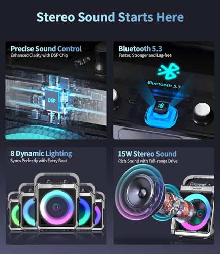Portable Karaoke Machine, with 2 Wireless Mics, LED Lights, Loud Subwoofer, Outdoor Karaoke Speaker for Adults