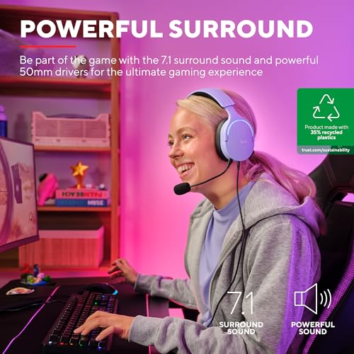 Trust Gaming GXT 490P Fayzo USB Gaming Headset 7.1 Surround Sound, 50mm Drivers, 35% Recycled Plastics, RGB Over-Ear Wired Headphones, with Noise Cancelling Microphone for PC PS5 - Purple - color: Purple, style: USB 7.1 Surround Sound