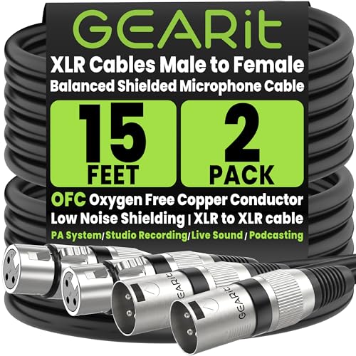 GEARit 22AWG OFC XLR Cables 15 FT 2-Pack Male to Female for Live Sound Use - color: Black, size: 15 Feet, style: 2 Pack