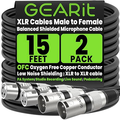 GEARit 22AWG OFC XLR Cables 15 FT 2-Pack Male to Female for Live Sound Use - color: Black, size: 15 Feet, style: 2 Pack