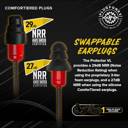 Plugfones Protector Volume Limited Audio Earbuds, OSHA Compliant Earplugs with Sound, Black & Red - color: Black & Red