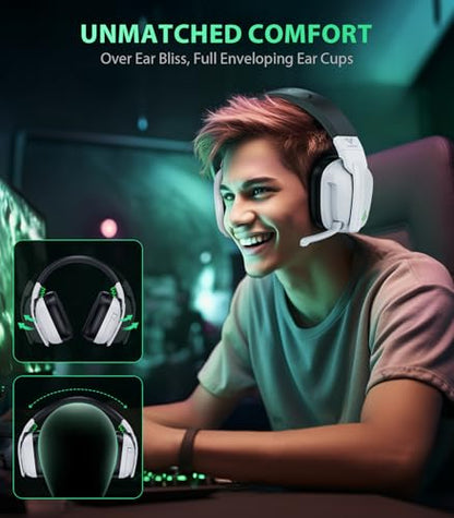 Vakedy PS5, PS4, PC, 스위치, 2.4GHz USB 및 BT 5.4용 무선 게이밍 헤드셋 | 노이즈 캔슬링 마이크, 무손실 오디오-50H 배트, PS4, 맥 및 모바일과 함께 작동, 포트나이트 및 콜 오브 듀티에 이상적, 화이트 - color: 화이트/블랙.