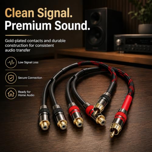 RCA Y Splitter Cable 1ft 2-Pack, 1 Male to 2 Female RCA Splitter, 4N OFC Braided Shield 24K Gold Plated Audio Splitter for Subwoofer Amplifier Home Theater Car Stereo for Pioneer Sony Yamaha