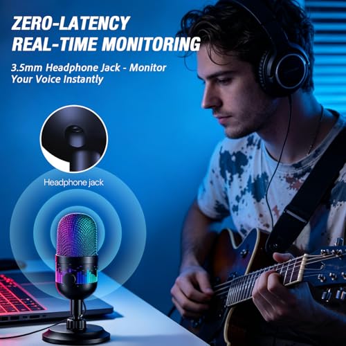 Gaming Microphone, USB Dynamic Gaming Mic for PC, Computer Gaming Streaming Mic with RGB Light, Mute Button, Gain Control, Desktop Podcast Mic for Recording Studio Twitch YouTube - RK102
