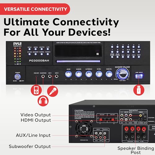 Pyle Home Theater Amplifier - 4000 Watt Wireless BT Streaming Audio/Video Receiver System with CD/DVD Player, AM/FM Radio, HDMI, and MP3/USB Compatibility - color: Deep Black