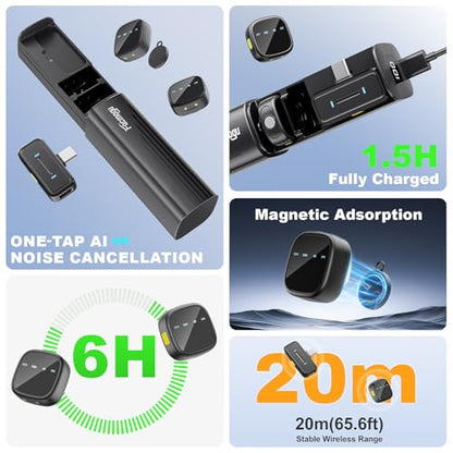 Facmogu K26 AI Noise Reduction Wireless Lavalier Microphone for Android & iPhone15/16/17(USB-C Plug), Reverb, Magnetic Mini Lav Mic Lapel Clip on Mic with Charging Case for YouTube, TikTok, Vlogging - color: K26 AI Mini Lavalier Mic