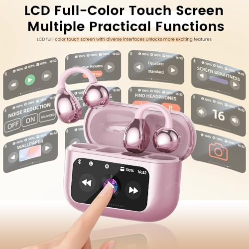 Clip On Ear Headphones, Open Ear Earbuds Wireless Bluetooth 5.4, Clip On Earbuds with LCD Touchscreen, Lightweight Comfort Open Ear Headphones for Pad Tablet Laptop Android/iOS Phones (Pink) - color: Pink