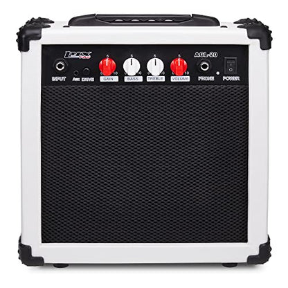 LyxPro Electric Guitar Amp 20 Watt Amplifier Built in Speaker Headphone Jack and Aux Input Includes Gain Bass Treble Volume and Grind - White - color: White, size: 20 Watt