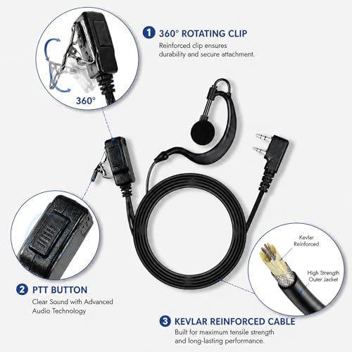 Walkie Talkie Earpiece with Mic PTT 2 Pin G Shape Headset Ear Piece, 2 Pack | Radio Earpiece Compatible with Baofeng UV-5R BF-888S Retevis H-777 RT21 RT22 Arcshell AR-5 Kenwood 2 Way Radio