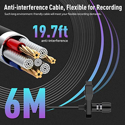 SYNCO Lav-S6M Lavalier Microphone, 3.5mm Audio-Monitor Port Clip-on Condenser Mic Support USB Charging, 6M/19.7 FT Cable Noise Reduction for YouTube, Interview, Conference, Live Broadcast