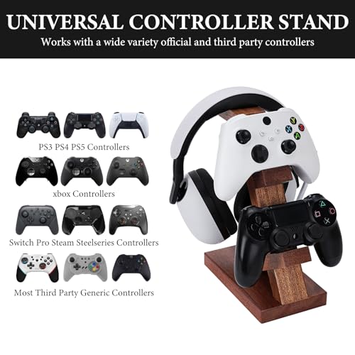 GEEKRIA Solid Wood Dual Gamepad and Headphone Stand, Controller Storage Holder for PS4, PS5, Xbox, Switch, 8BitDo, Universal Desk Game Accessories - color: Brown