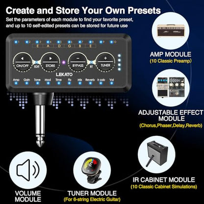 LEKATO Micro Guitar Headphone Amp Bass Guitar Headphone Amplifier with Multi Effects - Amp Models, IR Loading, Tuner, Rechargeable Electric Headphone Amplifier Delay Reverb Chorus Overdrive Portable