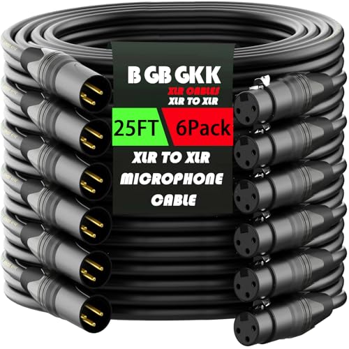 XLR Cables 25ft 6 Pack, Professional X LR to XL R Microphone Cable, Gold-Plated 3-pin XLR Speaker Cable Balanced Mic C able Male to Female, Black - color: Black, size: 25FT