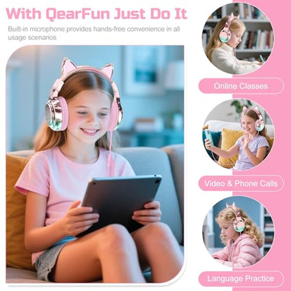 QearFun Kids Cat Ear Headphones with Cord with Mic, 85/94dB Volume Limit - color: Cat Pink