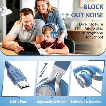 INFURTURE USB C Headphones Wired with Mic & Volume Control, Noise Isolating Over-Ear Headphones, Tangle-Free Plaiting Line, Foldable Headphone for School/Travel/iPad,Tablet,iPhone 17/16/15 - color: Light Blue