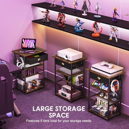 Hongtamoya 4-Tier AV Media Stand with Drawer, Gaming Console Shelf | Audio Rack Tower with 2 Hooks for PS5, Xbox, Switch, DVD Player, Record Player, Projector and TV Accessories Storage