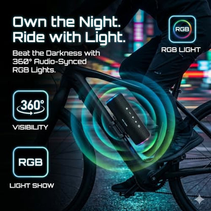 Bass Boosted Bluetooth Bike Speaker, IPX7 Waterproof | 30W RMS (40W Peak) Portable Wireless Outdoor Audio, 25H Playtime, LED Lights, TWS Pairing for Pool, Shower, Gifts (Black) - color: Black
