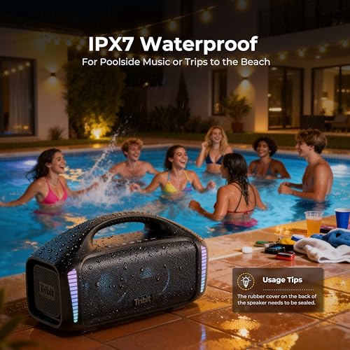 Tribit StormBox Blast Bluetooth Speaker, 90W Loud Sound, 30H Playtime | IPX7 Waterproof, 140W Peak, XBass, LED Light, Wireless, Portable, TWS Pairing, Custom EQ, BT5.3, Party, Outdoor, Camping