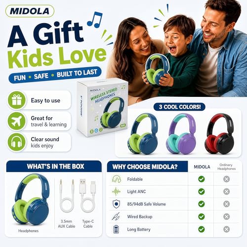 Kids Bluetooth Headphones Wireless,ANC, 68H,Safe Volume Limit 85/94dB Blue | Active Noise Cancelling,Adjustable Headband Foldable Over-Ear for Toddler Girls Boys Tablet/iPad,HD Stereo,Built-in Mic,Green - color: Deep Blue