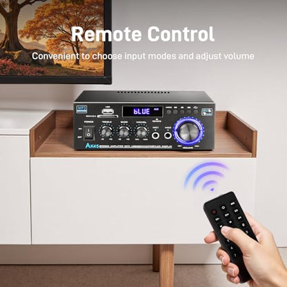 AK45 Stereo Home Audio Amplifier with 5.0 Bluetooth Receiver, 300W+300W Bluetooth HiFi AMP Power Amplifier 2.0 Channel RMS 40W x 2 Home Stereo System Remote Control Amp W/MIC,USB, RCA,FM Radio