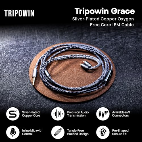 Tripowin Grace Silver-Plated 2Pin OFC IEM Replacement Cable with Mic | 3.5mm Jack, Tangle-Free Braided, Ergonomic Earhooks, One-Button Control, Extension Cord for Wired Earbuds (Recessed 2PIN) - style: Recessed 2PIN