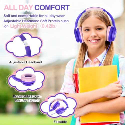 Kids Headphones for School Travel with Upgrade USB C&3.5MM Jack - color: Purple