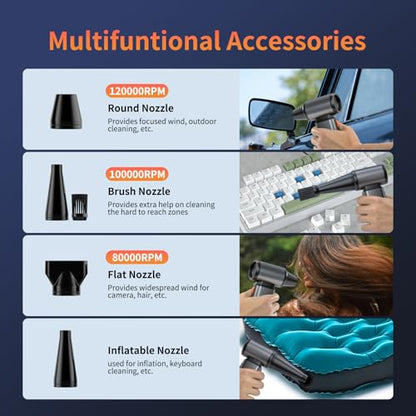 Compressed Air Duster, Stepless Speed Electric Air Duster, Metal Shell Air Blower with Brushless Motor, 120000 RPM Keyboard Cleaner Replaces Canned Air for Outdoors, Car, Home Cleaning