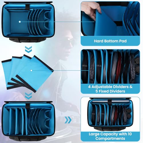 Rolling DJ Cable File Bag, DJ Gig Bag Padded Case with Detachable Trolley & Dividers, Cable Organizer with Multi-pocket & Compartment for 15.6'' Laptop, DJ Gear, Musical Instrument, Sound Equipment