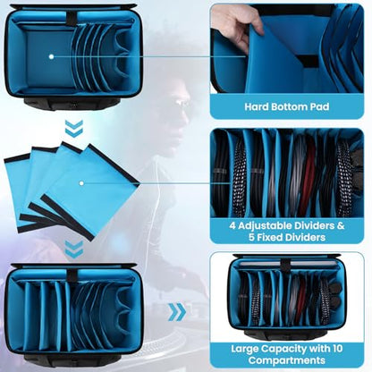 Rolling DJ Cable File Bag, DJ Gig Bag Padded Case with Detachable Trolley & Dividers, Cable Organizer with Multi-pocket & Compartment for 15.6'' Laptop, DJ Gear, Musical Instrument, Sound Equipment