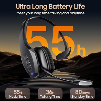Trucker Bluetooth Headset, Wireless Headset with Mic, Bluetooth Headsets with Dual Noise Cancelling Microphone & Mute Button, 55Hrs Working Time PC Headsets for Cell Phones, Computer, Truck Driver