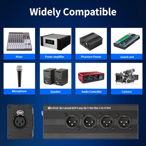 1-IN-4-OUT XLR Audio Splitter Box ; XLR 1 Female to 4 Male Balanced Converter ; 4-Way Stereo Passive Audio Cable