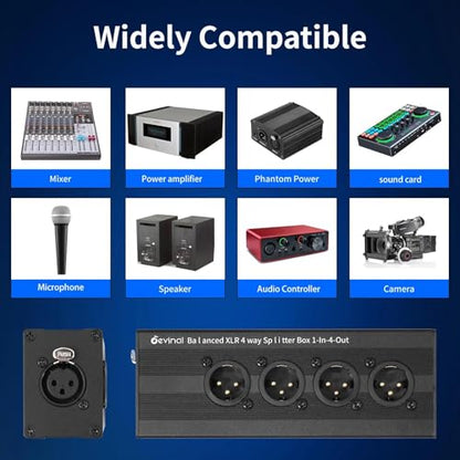 1-IN-4-OUT XLR Audio Splitter Box ; XLR 1 Female to 4 Male Balanced Converter ; 4-Way Stereo Passive Audio Cable