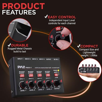 Pyle 4-Channel Bluetooth Mini Line Mixer with USB Audio Interface - 4 Mono/Stereo Switching Inputs | Ultra-low Noise Design with High Headroom | Built-in USB-C Sound Card - PMAX4 - size: 4 Channel