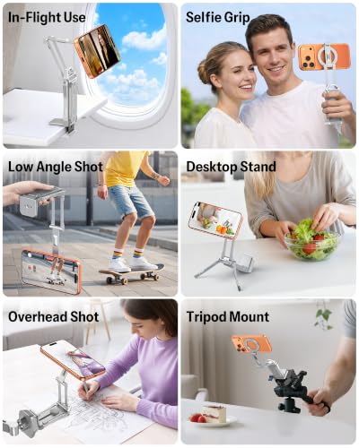 OMOTON TP02-Pro Magnetic Phone Holder, 5-in-1 Tripod Stand with Rear Attachment Plate | Desk, Kitchen, Gym, Vlogging | iPhone 12-17 Series, Silver - color: 6-Silver