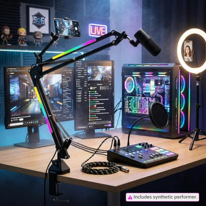 Heavy Duty Mic Boom Arm RGB Steel Scissor Desk Stand for Podcast Gaming | Supports 3.3lb. Thickened alloy steel. Phone holder.12 Light modes.Tool-free. For streaming podcast gaming singing recording
